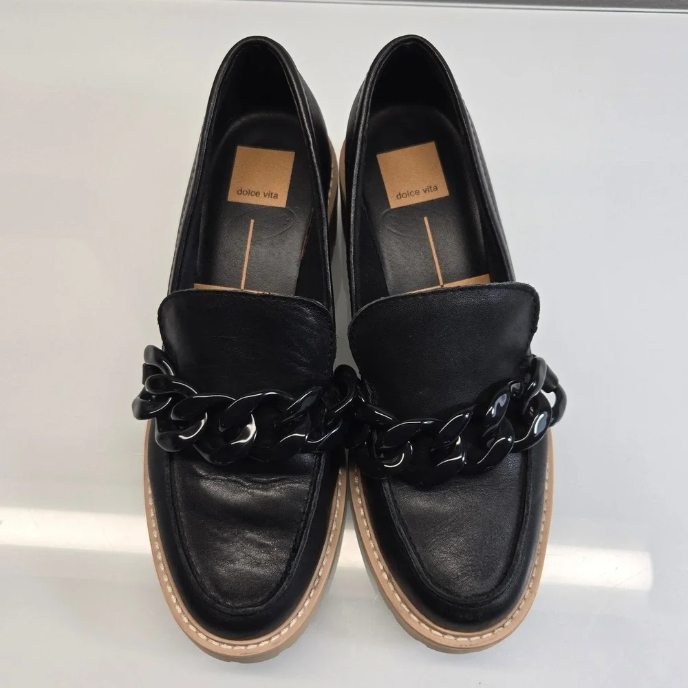 Dolce Vita Loafers 9 Haris Black Leather Chain Lug‎ Sole Chunky Platform Revolve